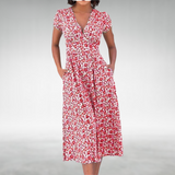 Margot | Damen V-Ausschnitt Blumenmuster Midikleid – Rot