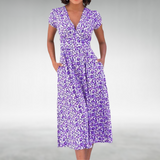 Margot | Damen V-Ausschnitt Blumenmuster Midikleid – Purpur