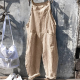 Marike | Damen Gestreifte Weite Latzhose mit Taschen – Hellbraun