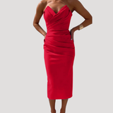 Marlies | Damen Schulterfreies Geraftes Midikleid – Rot