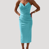 Marlies | Damen Schulterfreies Geraftes Midikleid – Hellblau