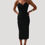 Marlies | Damen Schulterfreies Geraftes Midikleid – Schwarz