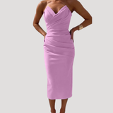 Marlies | Damen Schulterfreies Geraftes Midikleid – Rosa