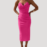 Marlies | Damen Schulterfreies Geraftes Midikleid – Pink