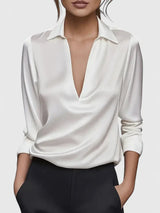 Marlies | Damen V-Ausschnitt Langarm Bluse – Weiß