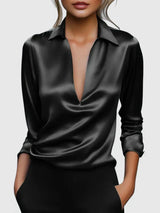 Marlies | Damen V-Ausschnitt Langarm Bluse – Schwarz