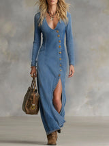Marlika | Damen V-Ausschnitt Langarm Maxikleid – Blau