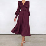 Marlina | Damen V-Ausschnitt Langarm Midikleid – Bordeaux