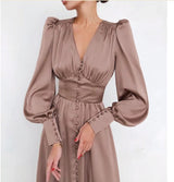 Marlina | Damen V-Ausschnitt Langarm Midikleid – Khaki