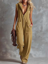 Marlinka | Damen Kapuzen Jumpsuit mit Reißverschluss – Khaki