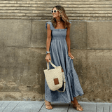Élodie – Maxikleid mit Karomuster und Smoktaille – Schwarz