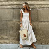 Élodie – Maxikleid mit Karomuster und Smoktaille – Beige