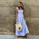 Élodie – Maxikleid mit Karomuster und Smoktaille – Blau