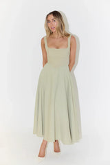 Damen Sommerkleid Baumwolle Leinen Mit Bindeträgern Und A-Linien-Schnitt – Mintgrün