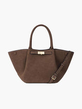 Melany | Strukturierte Tote Bag aus braunem Wildleder mit goldfarbenem Verschluss, Tragegriff & Schulterriemen – Braun