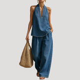 Meret | Damen Neckholder Zweiteiler Set Weite Hose – DunkelBlau