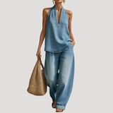 Meret | Damen Neckholder Zweiteiler Set Weite Hose – Hellblau