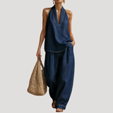 Meret | Damen Neckholder Zweiteiler Set Weite Hose – Navy
