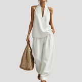 Meret | Damen Neckholder Zweiteiler Set Weite Hose – Weiß
