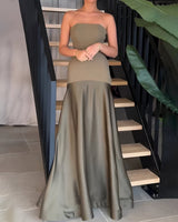 Anastasie | Sexy Luxus Patchwork Trägerloses Maxikleid – Armeegrün