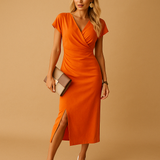 Damenkleid in Midilänge | Ausschnittform und Schlitz – Orange