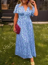 Sampaio – Elegantes Kleid Mit V-Ausschnitt Und Blumen Drucken – Blau