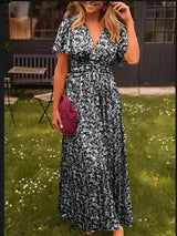 Sampaio – Elegantes Kleid Mit V-Ausschnitt Und Blumen Drucken – Schwarz