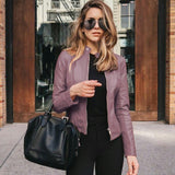 Moderne Bikerjacke aus Kunstleder – Stilvolle Kurzjacke mit Reißverschluss – Lila