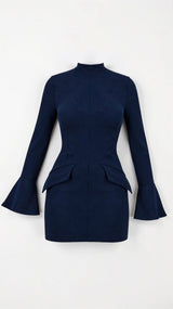 Elegantes Etuikleid Schwarz | Businesskleid mit Langarm – Marine Blau