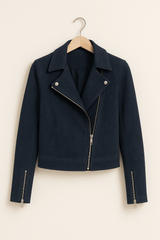 Vintage Bikerjacke aus Wildlederimitat – Stylische Übergangsjacke mit Reißverschlussdetails – Blau