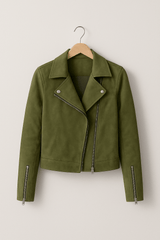 Vintage Bikerjacke aus Wildlederimitat – Stylische Übergangsjacke mit Reißverschlussdetails – Grün