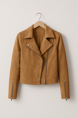 Vintage Bikerjacke aus Wildlederimitat – Stylische Übergangsjacke mit Reißverschlussdetails – Khaki