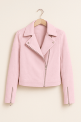 Vintage Bikerjacke aus Wildlederimitat – Stylische Übergangsjacke mit Reißverschlussdetails – Rosa