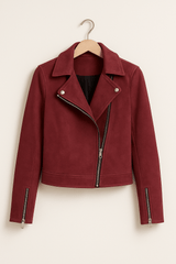 Vintage Bikerjacke aus Wildlederimitat – Stylische Übergangsjacke mit Reißverschlussdetails – Rot