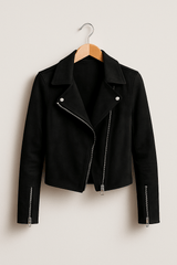 Vintage Bikerjacke aus Wildlederimitat – Stylische Übergangsjacke mit Reißverschlussdetails – Schwarz