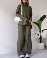 Zainab Gerippter Pullover und Hose Set – Armeegrün