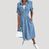 Nadja | Damen Kurzarm Jeanskleid Midi Hemdblusenkleid – Hellblau
