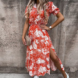 Geblümtes Sommerkleid mit Knopfleiste & Schlitz – Feminin & Bequem – Rot