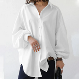 Elegante Oversize-Bluse – Vegane Seidenmischung, Puffärmel, Boho-Stil – Weiß