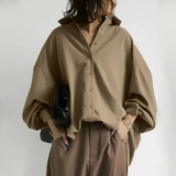 Elegante Oversize-Bluse – Vegane Seidenmischung, Puffärmel, Boho-Stil – Khaki