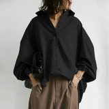 Elegante Oversize-Bluse – Vegane Seidenmischung, Puffärmel, Boho-Stil – Schwarz