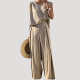 Nerida | Damen Zweiteiler Ärmelloses Top Weite Hose – Beige
