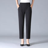 Damen Elastischer Bund mit Taschen Stoffhose – Schwarz