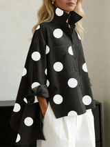 Nicolette | Damen Polka Dot Stehkragen Langarm Bluse – Schwarz