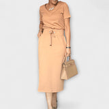 Danielle - Elegantes V-Ausschnitt-Top mit passendem Rock – Khaki