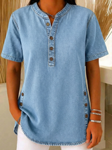Nora | Damen Kurzarm Jeansbluse mit Knopfleiste – Hellblau