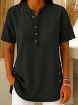 Nora | Damen Kurzarm Jeansbluse mit Knopfleiste – Schwarz