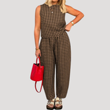 Odile | Damen Karo Zweiteiler Ärmellos Weite Hose – Braun