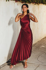 Sylviana - Ein-Schulter Plissiertes Midi-Kleid – Weinrot