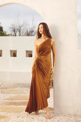 Sylviana - Ein-Schulter Plissiertes Midi-Kleid – Golden